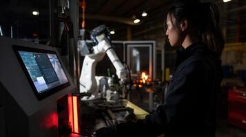 A workstation equipped with a touchscreen console and motion sensors capturing the interaction between human gestures and the robots response illustrating the integration of technolog photo