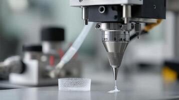 A closeup view of a bioprinter nozzle depositing bioink with live cells and growth factors suspended in zerogravity creating a 3D cartilage scaffold for medical research photo