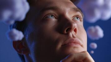 A closeup of a learners face illuminated by the soft glow of a computer screen portraying their deep contemplation. Surrounding them are abstract thought bubbles filled with tailore photo