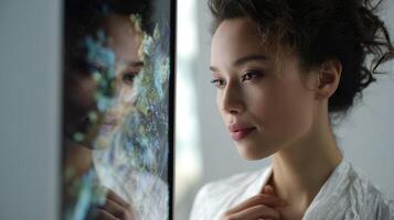 A sideangle shot of a modern smart mirror reflecting a users image as dynamic brushstrokes dance around simulating makeup application. The interaction between the mirror and user create photo