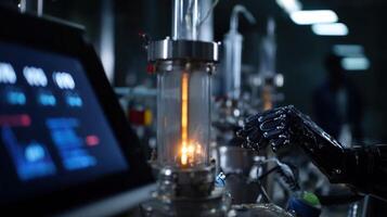 A closeup of a laboratory robot adjusting the temperature and pressure settings on a chemical reactor with glowing screens showing AIgenerated predictions and feedback photo