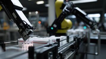 An assembly line setting featuring robotic arms meticulously placing microneedle patches into sterile packaging for distribution emphasizing automation in vaccine delivery technology photo