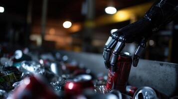 A closeup of a robotic hand meticulously picking up aluminum cans from a mixed recycling stream showcasing the precision of AIdriven sorting technology photo