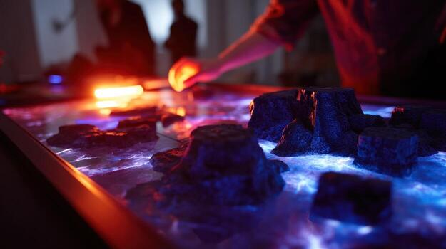 Closeup view of a hightech gaming table showing an evolving dungeon terrai photo