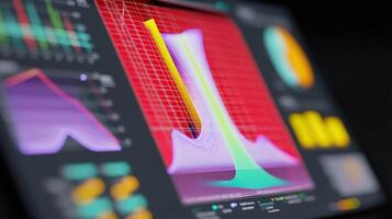 A closeup of a computer screen displaying complex data analysis software with graphs charts and statistical results highlighting ongoing research findings photo