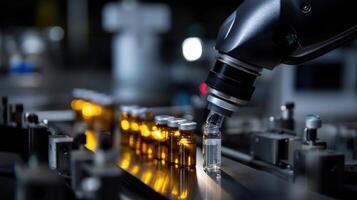 A streamlined robotic arm precisely dispensing individual doses of medication into labeled vials highlighting the accuracy and customization of the compounding process in a modern pharmac photo