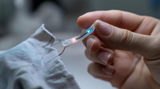 A hand holding a piece of smart suture with microLED technology showcasing the embedded lights that change color based on status during a medical demonstration photo