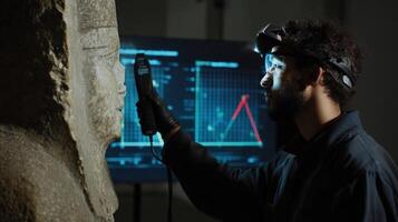 An image of a technician adjusting the settings of a portable neutron scanner while focusing on a large ancient sculpture with data graphs and visualizations superimposed on the scene photo