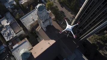 An aerial view of a UAV equipped with advanced sensors and cameras autonomously navigating through an urban environment while detecting and avoiding anomalous signals indicative o photo