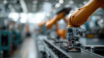 An assembly line where human workers and robotic arms operate side by side highlighting the integration of automation in production and the evolving roles of labor in response to photo