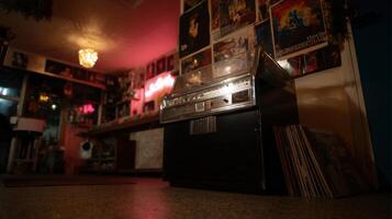 Surrounded by eclectic decor the machine stands like a forgotten artifact its metallic finish reflecting vintage posters on the walls. Beside it a stack of vinyl records waits eagerl photo