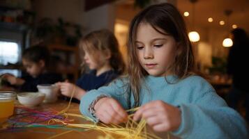 A serene atmosphere envelops the space as flexible beads and strings lay scattered beneath a sturdy table. Children intuitively grasp vibrant threads threading them through a woode photo