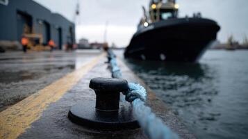 A tugboat in action pulling away from a smart quay bollard with focus on the dynamic tension in the mooring lines illustrating the critical role of predictive maintenance in dock photo
