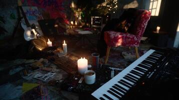 A cozy corner filled with eclectic musicians experiments passionately their focus sharpened by the vibrant colors displayed on the software. Instruments lay scattered beside them waitin photo