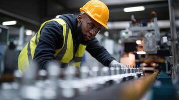 An assembly line worker wearing safety gear meticulously inspecting finished products as they move on a conveyor belt with machinery in the background photo