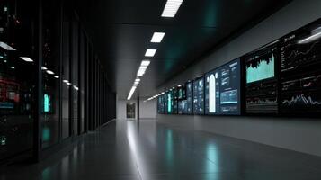 A futuristic data center with virtual screens displaying realtime analytics of resource utilization across hybridcloud s emphasizing the efficiency of crossvendor management photo
