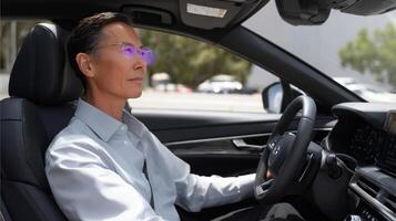 The driver surrounded by an ethereal glow from the AR visor engages with the AI coach who provides realtime feedback on driving habits with engaging visuals of fuel savings photo