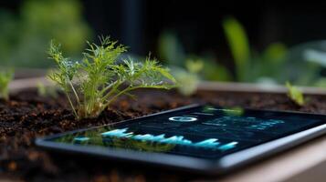 A closeup of a plant displaying its growth stages juxtaposed with a digital device providing predictive analytics on water usage disease prevention and plant health optimization showcasin photo