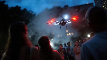 A microdrone in action displaying LED lights that change color as it detects moisture in the air signaling an imminent ra to an audience below enjoying an outdoor event photo
