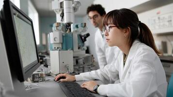 A dynamic laboratory scene where technicians utilize AIguided equipment to operate a cryoFIB milling machine emphasizing collaboration and innovation in the field of protein photo