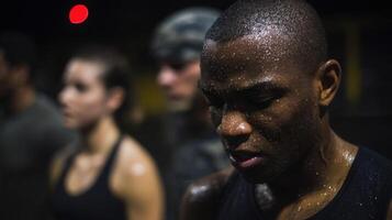 sweat drips as faces reflect fierce commitment amid the scent of rubber mats and determination photo
