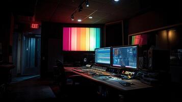 Underneath glowing led panels vibrant visuals synchronize with entrancing beats. Flickering lights pulse in synchronicity casting playful shadows across studio walls. Creators huddl photo