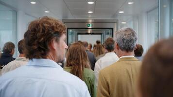A busy corridor filled with people moving towards a secure entrance where a transparent automated door opens only for those whose gait matches the stored profiles in the AGI syste photo