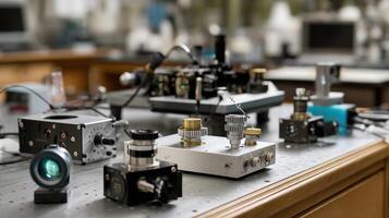 The intricate components of an optical tweezers device including lenses mirrors and fiber optics are meticulously arranged on a lab bench demonstrating the complexity of the equipmen photo