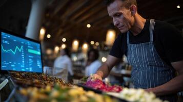A closeup of a vendor passionately preparing gourmet dishes at a kiosk his station surrounded by a digital dashboard that displays fluctuating auction bids visibly driven by the numbe photo