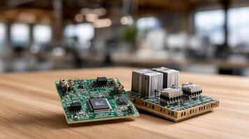 A sidebyside comparison of two miniature platforms each hosting unique AIspecific accelerators juxtaposed against a backdrop that emphasizes their size and efficiency in performin photo