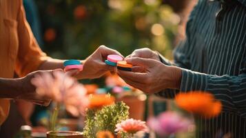In a sunlit garden artisans gather each holding unique tokens crafted from vibrant clay. They trade tokens amidst blooming flowers laughter ringing as hands exchange creations. Scente photo