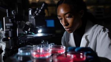 A researcher in a lab coat examining multiple petri dishes containing organoids with a confocal microscope set up in the background highlighting the scientific environment photo