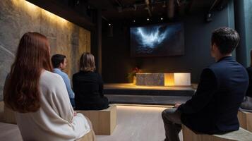 An intimate setting with ambient sound and a large projection screen showing a film that morphs in style and narrative direction based on realtime feedback with interactive element photo