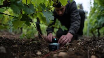 A technician calibrating a microclimate sensor embedded in rich soil surrounded by lush green grapevines highlighting the human interaction with advanced agricultural technology photo