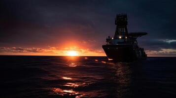 The drilling vessel at sunset silhouetted against a vibrant sky with the core retrieval process creating turbulence in the calm ocean emphasizing the vessels role in climate research photo