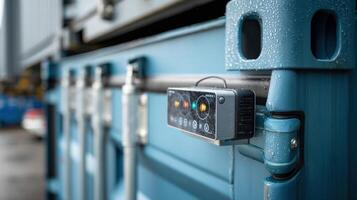 A closeup of a temperature logging device mounted on a coldchain container featuring blinking LED indicators that signal realtime temperature readings and alerts for temperature photo