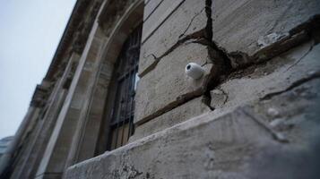 A closeup of a historical facade featuring cracks with an IoT sensor positioned strategically nearby highlighting proactive measures to detect water intrusion before it causes significan photo