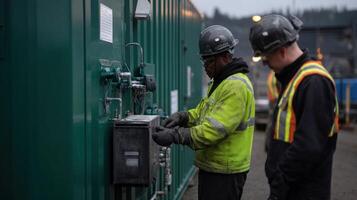 Maintenance personnel inspecting a greenhydrogen electrolyzer unit on a modular skid focusing on equipment checks and troubleshooting procedures photo