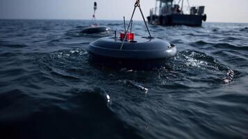 A closeup view of a buoy anchored in the open sea featuring antennas and sensors with dark water surrounding it symbolizing vigilance against hidden threats beneath the surface photo