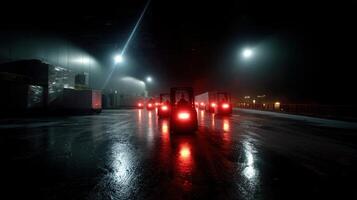 A nighttime view of an autonomous forklift convoy illuminated by LED lights traversing a cold storage warehouse with ice crystals forming on the surfaces emphasizing visibility an photo