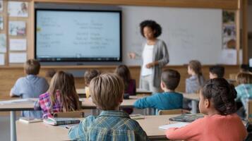 An interactive classroom setting with students using digital screens to engage with an AI handwriting coach where visual prompts and interactive feedback tailored to each students writin photo