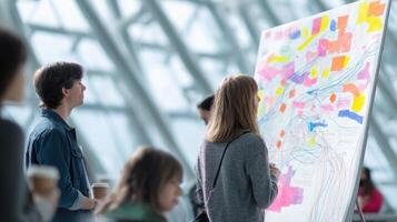 Beneath a towering glass structure a brainstorming session unfolds. Whiteboards are filled with vibrant sketches and insightful notes diagrams illustrating neural pathways. Participant photo