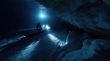 A panoramic view of the remotecontrolled submarine amidst vast underwater caverns beneath the ice with shadows casting dramatic shapes on the lake bed photo