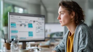 An office setting where a user is engaged in brainstorming while the AI copilot sidebar displays visual flowcharts and outlines to organize ideas for an upcoming project photo
