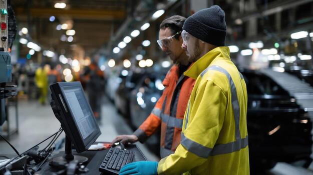 Workers monitoring a laserguided inspection process on a computer screen analyzing realtime data and reports from the quality check of completed vehicles in the production environment photo