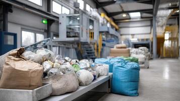 A side view of a robotic sorting workstation surrounded by piles of mixed recyclables showcasing the use of machine learning algorithms for accurate material detection and classification photo