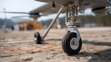 Closeup of a UAVs landing gear equipped with a mechanism designed to deploy a microsensor showcasing the technology involved in aerial monitoring operations photo