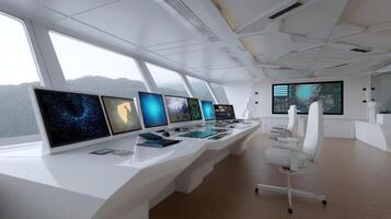 A futuristic control room filled with screens displaying realtime data of whale movements and shipping traffic with an AGI interface analyzing patterns and sending automated instruction photo