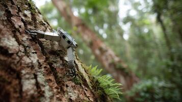 The robotic climber navigates across the rugged bark of a colossal tree showcasing advanced mobility as it captures environmental data in a thriving rainforest ecosystem photo