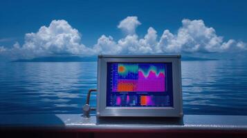 A digital display board on a research vessel monitoring data streamed from underwater buoys detailing coral bleaching events and changes in pH levels with an oceanic horizon in th photo